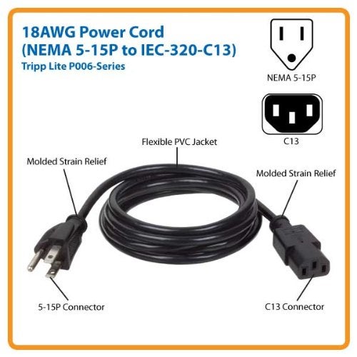 Tripp Lite Standard Computer Power Cord 10A,18AWG (NEMA 5-15P to IEC-320-C13) 6-ft.(P006-006) - Image 2