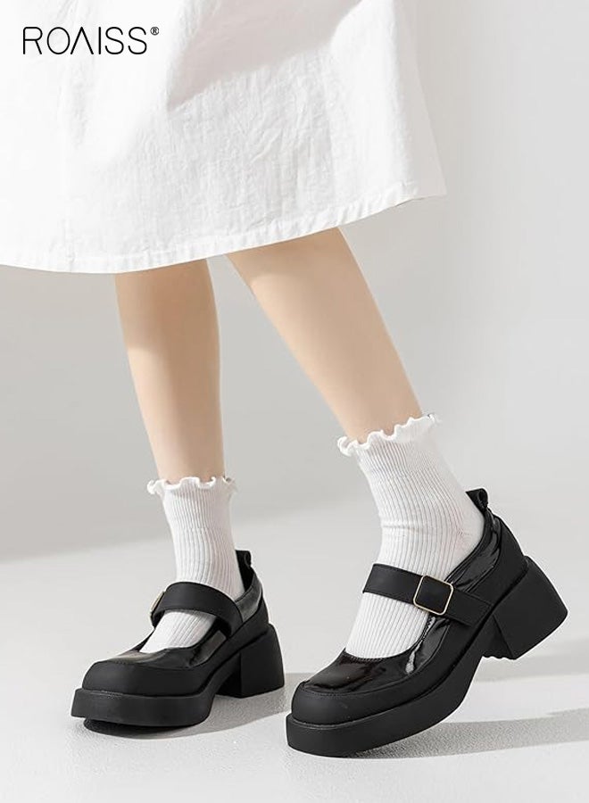 رويس 6 أزواج من الجوارب النسائية حتى منتصف الساق، جوارب من مزيج البوليستر والقطن بحافة مكشكشة، جوارب صيفية خفيفة الوزن بخطوط عمودية على طراز لوليتا، باللونين الأسود والأبيض - Image 2