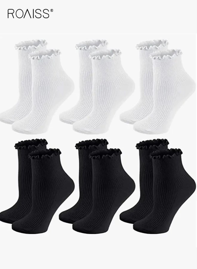 رويس 6 أزواج من الجوارب النسائية حتى منتصف الساق، جوارب من مزيج البوليستر والقطن بحافة مكشكشة، جوارب صيفية خفيفة الوزن بخطوط عمودية على طراز لوليتا، باللونين الأسود والأبيض - Image 1