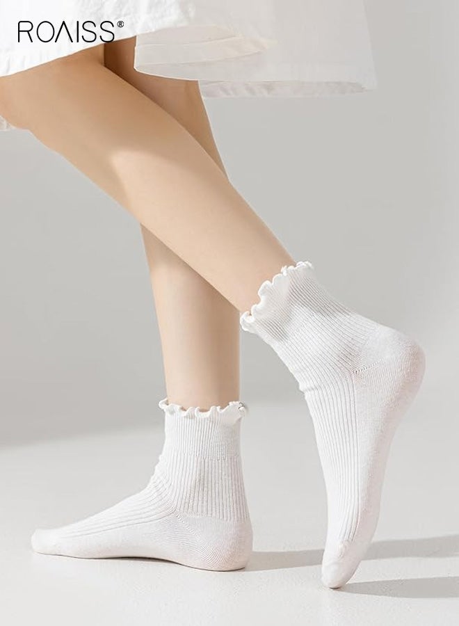 رويس 6 أزواج من الجوارب النسائية حتى منتصف الساق، جوارب من مزيج البوليستر والقطن بحافة مكشكشة، جوارب صيفية خفيفة الوزن بخطوط عمودية على طراز لوليتا، باللونين الأسود والأبيض - Image 5