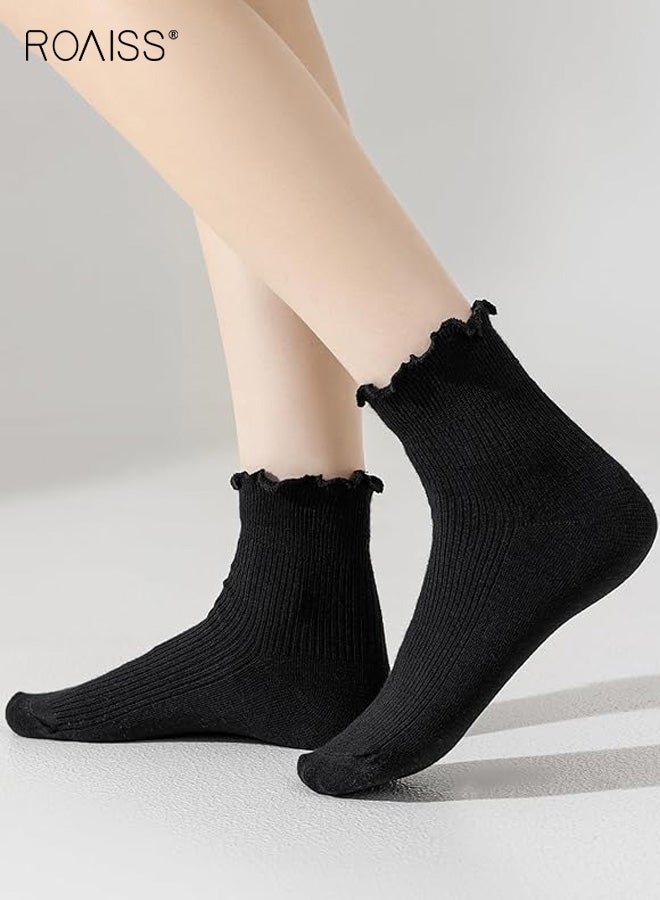 رويس 6 أزواج من الجوارب النسائية حتى منتصف الساق، جوارب من مزيج البوليستر والقطن بحافة مكشكشة، جوارب صيفية خفيفة الوزن بخطوط عمودية على طراز لوليتا، باللونين الأسود والأبيض - Image 3