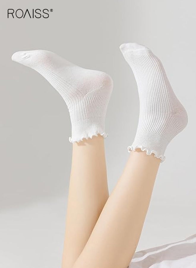 رويس 6 أزواج من الجوارب النسائية حتى منتصف الساق، جوارب من مزيج البوليستر والقطن بحافة مكشكشة، جوارب صيفية خفيفة الوزن بخطوط عمودية على طراز لوليتا، باللونين الأسود والأبيض - Image 4