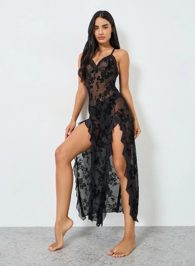 ستايلي قميص نوم بكشكش وقماش شبكي وطبعة زهور مع سروال داخلي