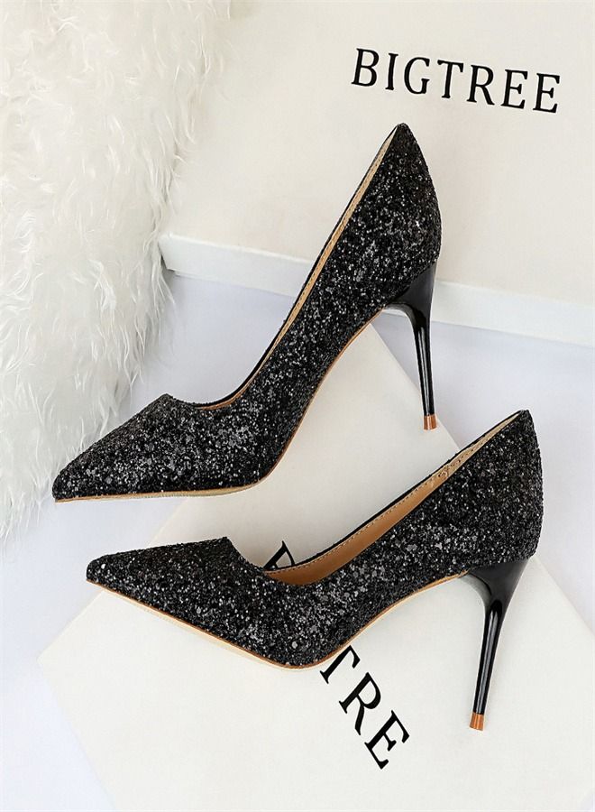 BIGTREE Fashion Shiny Sequins Slim High Heels 7CM Black 