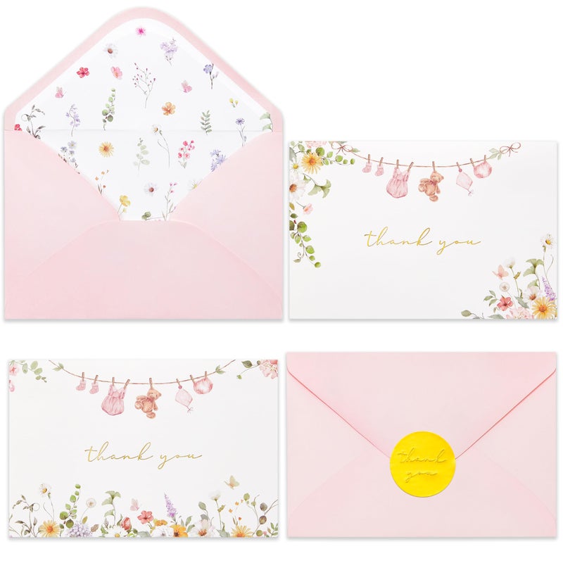 Crisky Baby Cloth 2 Assorted Pink Gold Thank You Cards (25 Pack) with Envelopes & Stickers Greeting Cards Bulk, Watercolor Delicate Wildflower for Baby Shower Party - Image 1