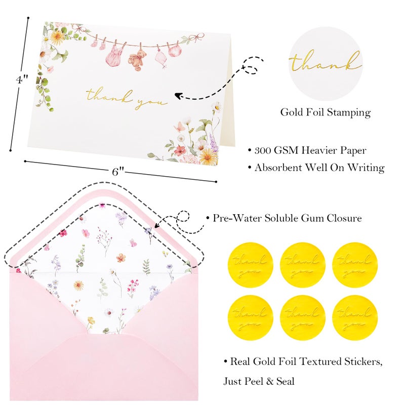 Crisky Baby Cloth 2 Assorted Pink Gold Thank You Cards (25 Pack) with Envelopes & Stickers Greeting Cards Bulk, Watercolor Delicate Wildflower for Baby Shower Party - Image 2