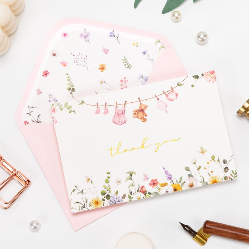 Crisky Baby Cloth 2 Assorted Pink Gold Thank You Cards (25 Pack) with Envelopes & Stickers Greeting Cards Bulk, Watercolor Delicate Wildflower for Baby Shower Party - Image 4