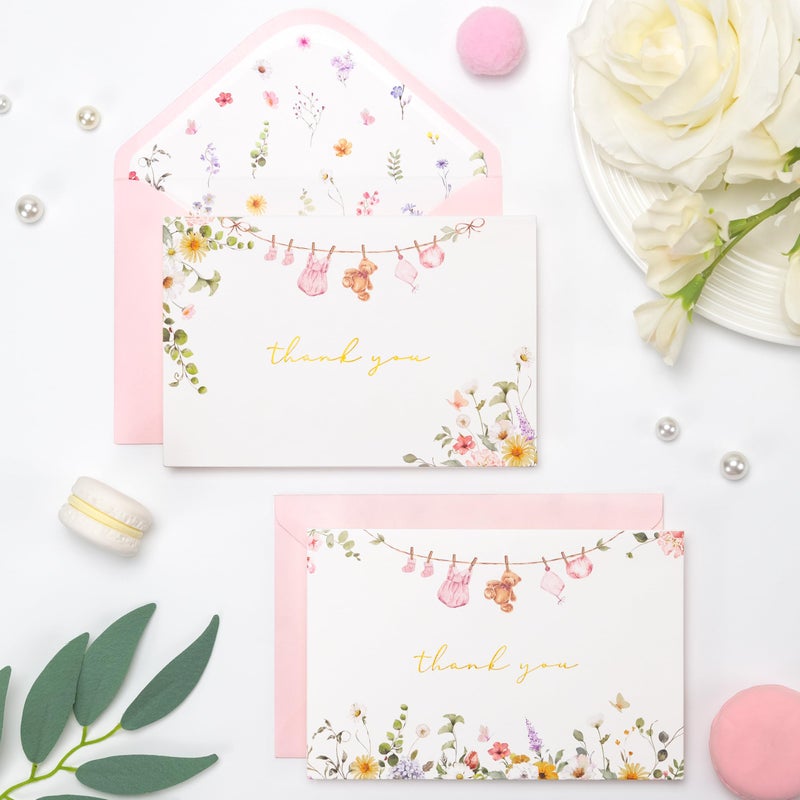 Crisky Baby Cloth 2 Assorted Pink Gold Thank You Cards (25 Pack) with Envelopes & Stickers Greeting Cards Bulk, Watercolor Delicate Wildflower for Baby Shower Party - Image 5