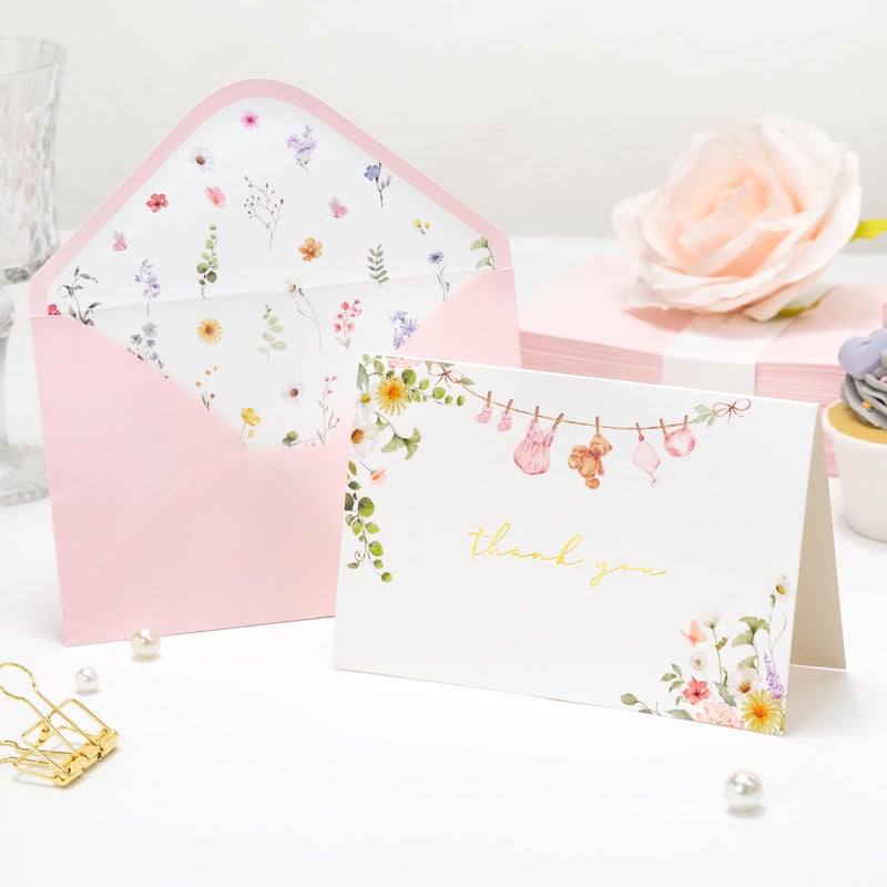 Crisky Baby Cloth 2 Assorted Pink Gold Thank You Cards (25 Pack) with Envelopes & Stickers Greeting Cards Bulk, Watercolor Delicate Wildflower for Baby Shower Party - Image 3