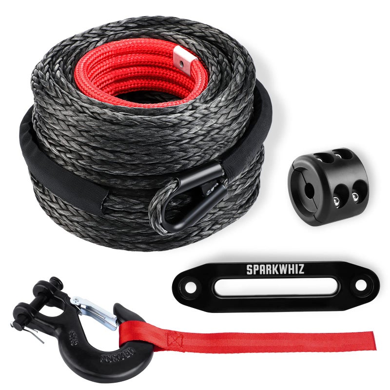 Generic SPARKWHIZ Synthetic Winch Rope Cable Kit, 3/8" x 100 ft 26500LBS Winch Line Cable with Protective Sleeve+Winch Fairlead+ Stopper+Hook for for 4WD Off Road Vehicle Truck SUV ATV UTV  - Image 1