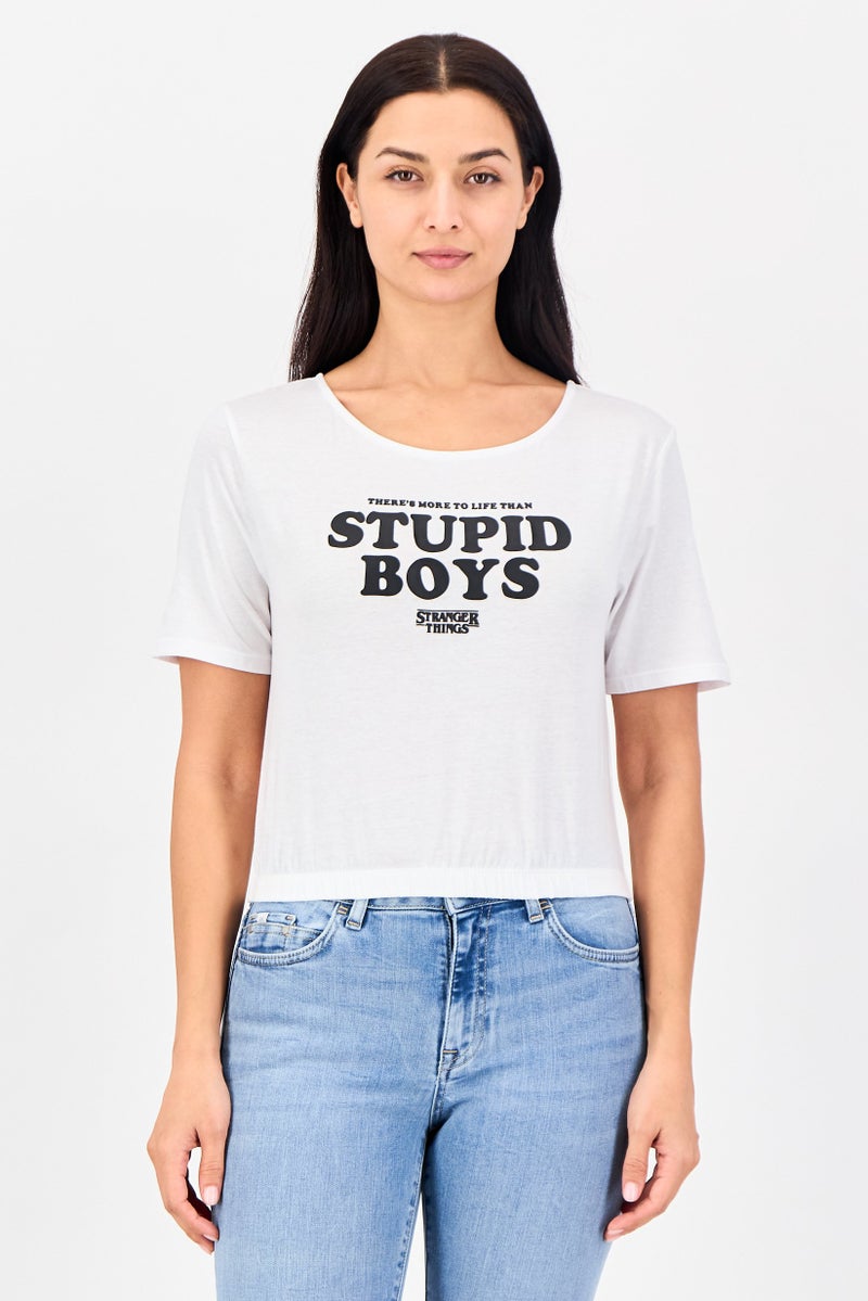 Undiz x Stranger Things Women Round Neck Short Sleeve Graphic Print Crop Top, White - Image 1