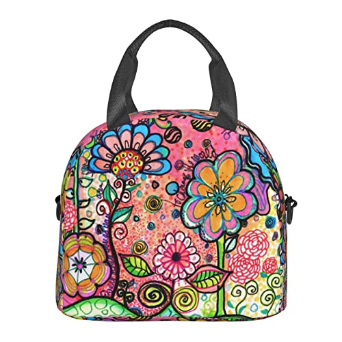 Perinsto Hippie Art Flower Lunch Bag Reusable Insulated Lunch Tote Bag Lunchbox Container With Adjustable Shoulder Strap For Office Work School Picnic Travel - Image 2