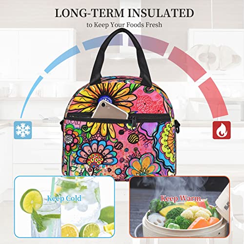 Perinsto Hippie Art Flower Lunch Bag Reusable Insulated Lunch Tote Bag Lunchbox Container With Adjustable Shoulder Strap For Office Work School Picnic Travel - Image 5