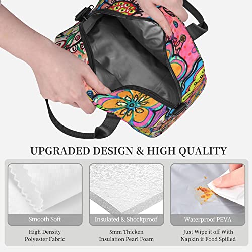 Perinsto Hippie Art Flower Lunch Bag Reusable Insulated Lunch Tote Bag Lunchbox Container With Adjustable Shoulder Strap For Office Work School Picnic Travel - Image 4