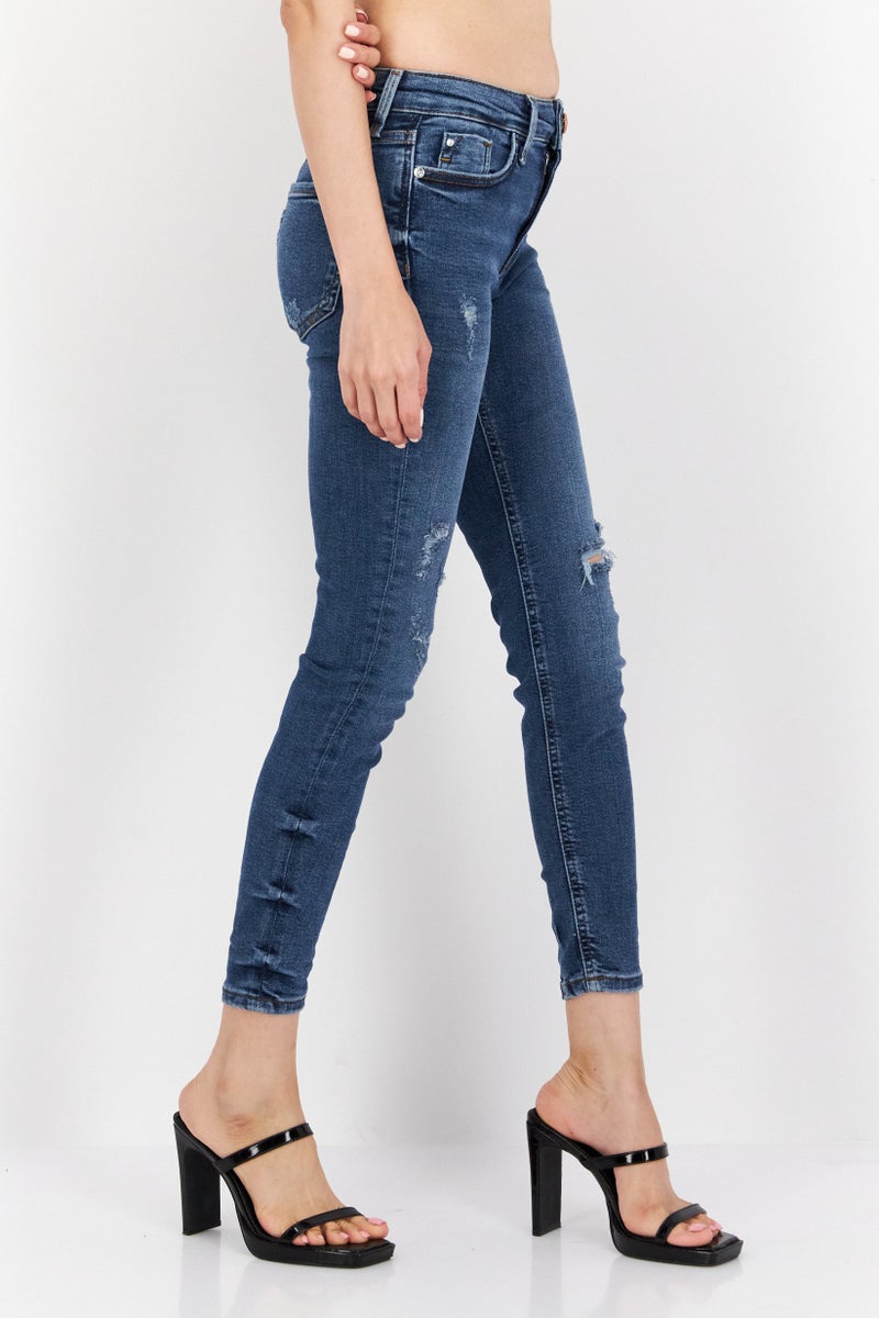 RIVER ISLAND Women Skinny Fit Ripped Non-Stretchable Jeans, Blue - Image 4