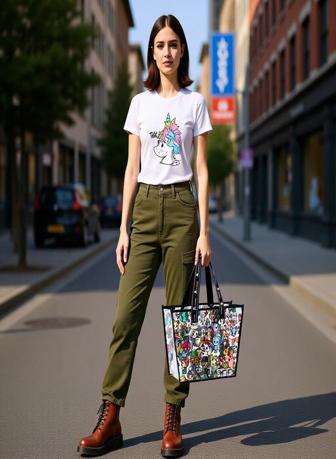 Tokidoki LargeClear Tote Bag, Cute Clear Shoulder Bags PVC Handbag with Metal Button for Work, Concert and Sports, Travel(Colorful2) - Image 4