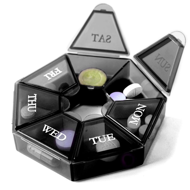 Deke Home Small Weekly Pill Organizer Round Pill Dispenser for Travel Mini Pill Organizer Compact Medicine Holder Pill Sorters 7 Days Portable Vitamin Container BPA Free Food Grade
