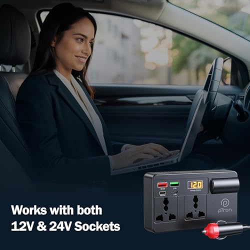 pTron PowerEdge 200W Car Laptop Charger/Car Power Inverter with 2 USB (3A & 2.4A) + 2 Type-C (30WPD & 2.4A), Smart USB Charging Ports, 12V/24V DC to 220V AC, 2X Universal AC Outlet (Black) - Image 3