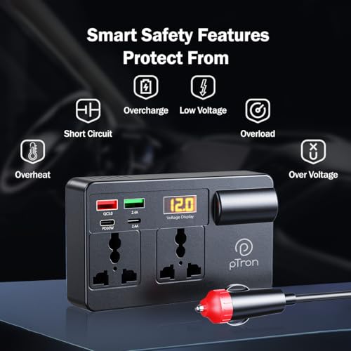 pTron PowerEdge 200W Car Laptop Charger/Car Power Inverter with 2 USB (3A & 2.4A) + 2 Type-C (30WPD & 2.4A), Smart USB Charging Ports, 12V/24V DC to 220V AC, 2X Universal AC Outlet (Black) - Image 5