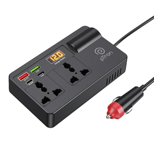 pTron PowerEdge 200W Car Laptop Charger/Car Power Inverter with 2 USB (3A & 2.4A) + 2 Type-C (30WPD & 2.4A), Smart USB Charging Ports, 12V/24V DC to 220V AC, 2X Universal AC Outlet (Black) - Image 1