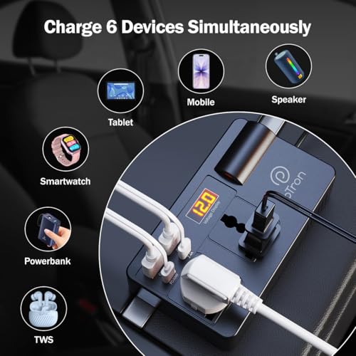 pTron PowerEdge 200W Car Laptop Charger/Car Power Inverter with 2 USB (3A & 2.4A) + 2 Type-C (30WPD & 2.4A), Smart USB Charging Ports, 12V/24V DC to 220V AC, 2X Universal AC Outlet (Black) - Image 4