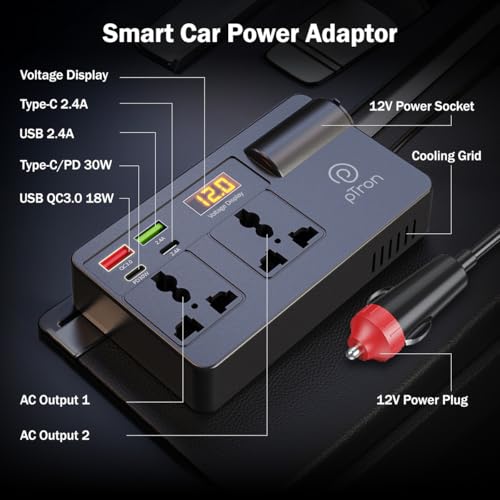 pTron PowerEdge 200W Car Laptop Charger/Car Power Inverter with 2 USB (3A & 2.4A) + 2 Type-C (30WPD & 2.4A), Smart USB Charging Ports, 12V/24V DC to 220V AC, 2X Universal AC Outlet (Black) - Image 2