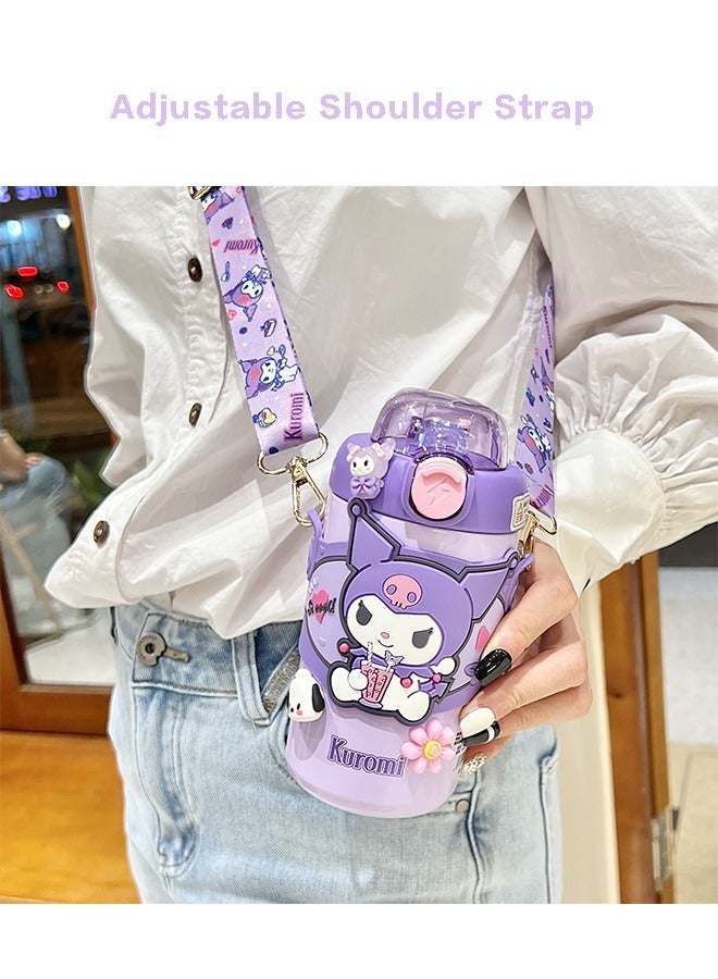فزاع Anime Water  Bottle, Stainless Steel Thermal Travel Mug ，with Silicone Straw and Adjustable Strap,  for Girls CuteWater Cup,  Large Capacity 380ml (purple) - Image 2