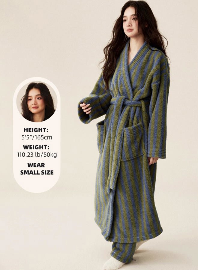 Arssm Womens Striped Fluffy Robe Long Plush Bathrobes Fuzzy Warm Cozy Thick Oversized Loungewear Maxi Robe, Green, L - Image 4