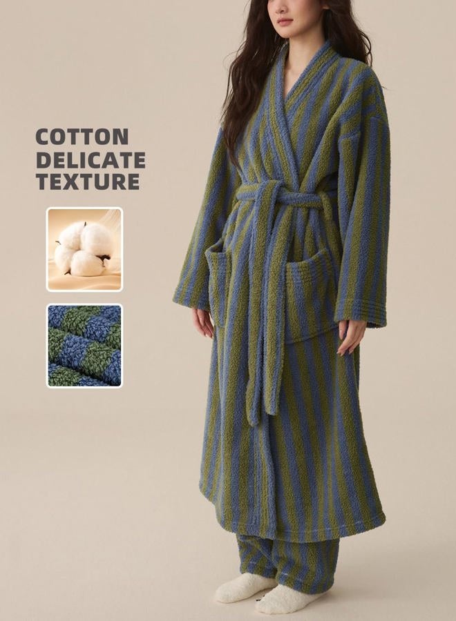Arssm Womens Striped Fluffy Robe Long Plush Bathrobes Fuzzy Warm Cozy Thick Oversized Loungewear Maxi Robe, Green, L - Image 5