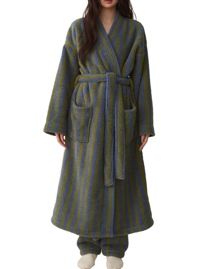 Arssm Womens Striped Fluffy Robe Long Plush Bathrobes Fuzzy Warm Cozy Thick Oversized Loungewear Maxi Robe, Green, L - Image 1