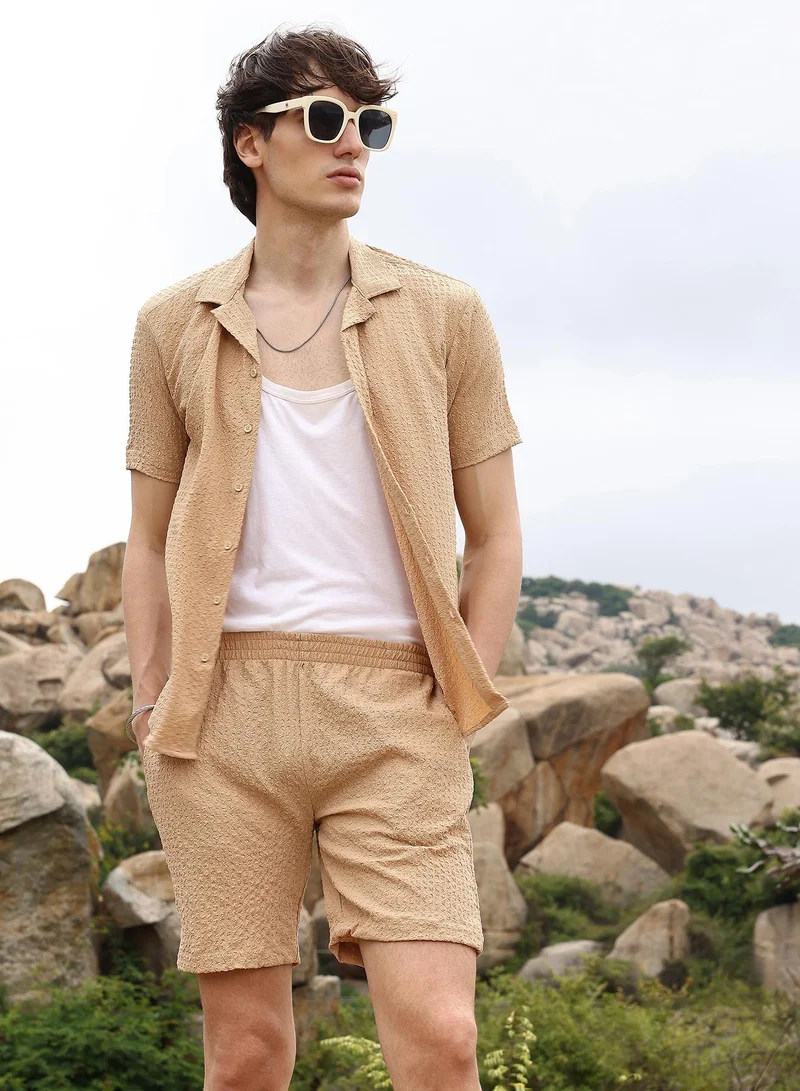 Campus Sutra Men's Buff Beige Solid Seersucker Co-Ord Set For Casual Wear | Cuban Collar | Short Sleeve | Button Closure | Co-Ords Crafted With Comfort Fit For Everyday Wear