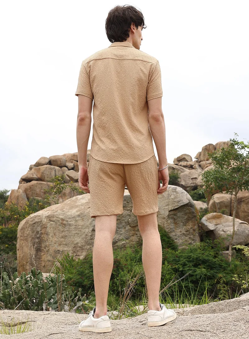 CAHOOT  Men's Buff Beige Solid Seersucker Co-Ord Set For Casual Wear | Cuban Collar | Short Sleeve | Button Closure | Co-Ords Crafted With Comfort Fit For Everyday Wear for Men | Best Price UAE