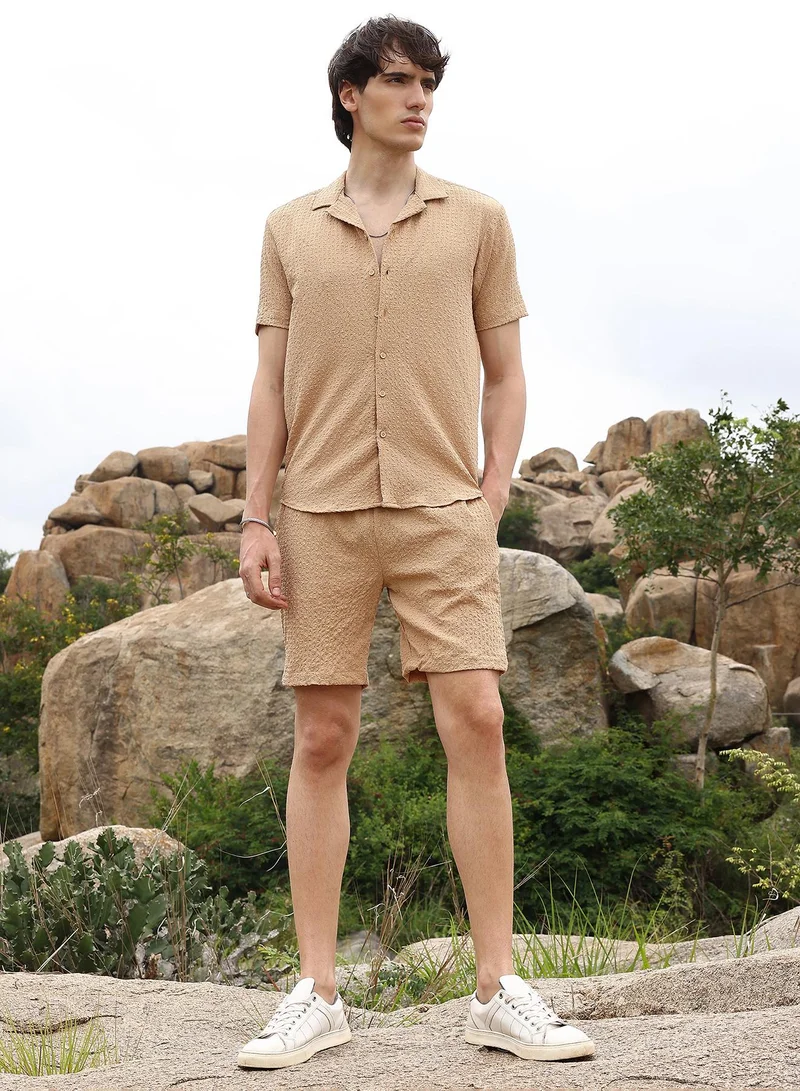Campus Sutra Men's Buff Beige Solid Seersucker Co-Ord Set For Casual Wear | Cuban Collar | Short Sleeve | Button Closure | Co-Ords Crafted With Comfort Fit For Everyday Wear
