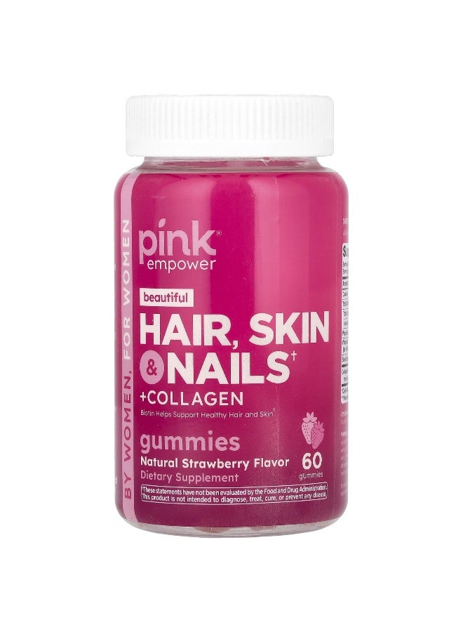 Pink, Beautiful, Hair, Skin & Nails + Collagen, Natural Strawberry, 60 Gummies (Packaging may vary) - Image 1