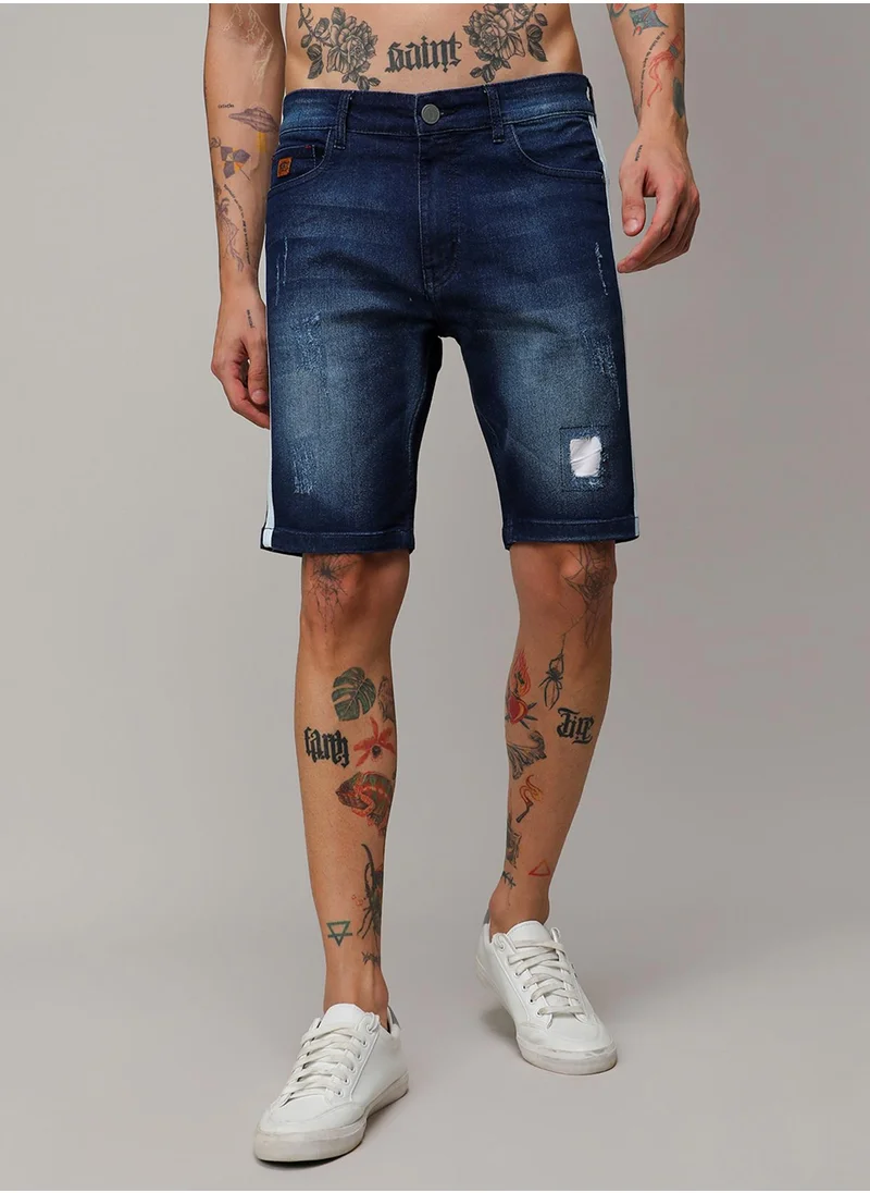 كامبوس سوترا Campus Sutra Men's Blue Heavy Distressed Denim Shorts For Casual Wear | Medium-Wash | Regular Fit | Button Closure | Cotton Denim Shorts Crafted With Comfort Fit For Everyday Wear