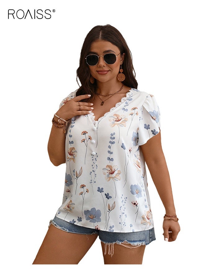 رويس قميص نسائي مطبوع عليه دانتيل بفتحة رقبة على شكل حرف V، مقاس كبير، بلوزة فضفاضة مريحة غير رسمية للارتداء اليومي والأزياء العصرية - Image 4