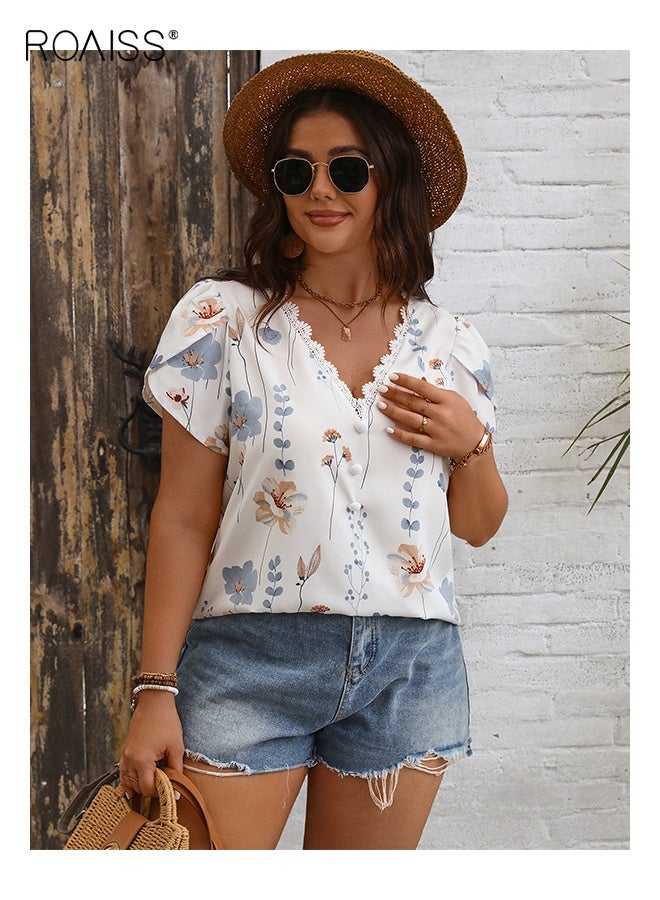 رويس قميص نسائي مطبوع عليه دانتيل بفتحة رقبة على شكل حرف V، مقاس كبير، بلوزة فضفاضة مريحة غير رسمية للارتداء اليومي والأزياء العصرية - Image 5