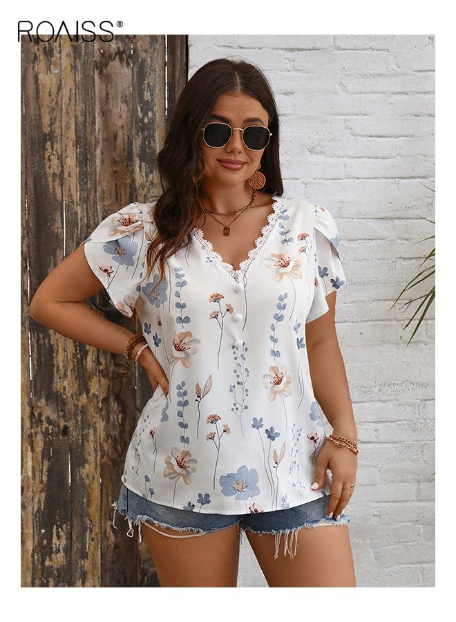 رويس قميص نسائي مطبوع عليه دانتيل بفتحة رقبة على شكل حرف V، مقاس كبير، بلوزة فضفاضة مريحة غير رسمية للارتداء اليومي والأزياء العصرية - Image 1