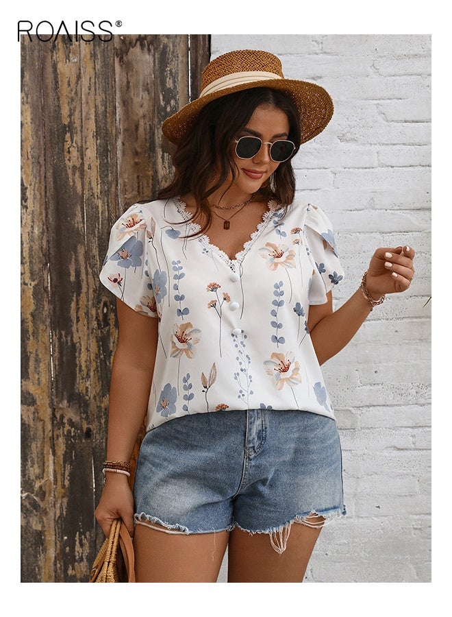 رويس قميص نسائي مطبوع عليه دانتيل بفتحة رقبة على شكل حرف V، مقاس كبير، بلوزة فضفاضة مريحة غير رسمية للارتداء اليومي والأزياء العصرية - Image 2