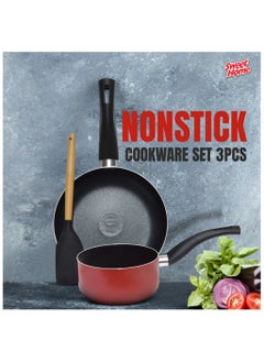 Non-Stick Cookware 3 pcs Set with Frypan and Sauce Pan - Heat-Resistant Handle, Non-Stick Coating, Aluminium Material, and Laddle Included