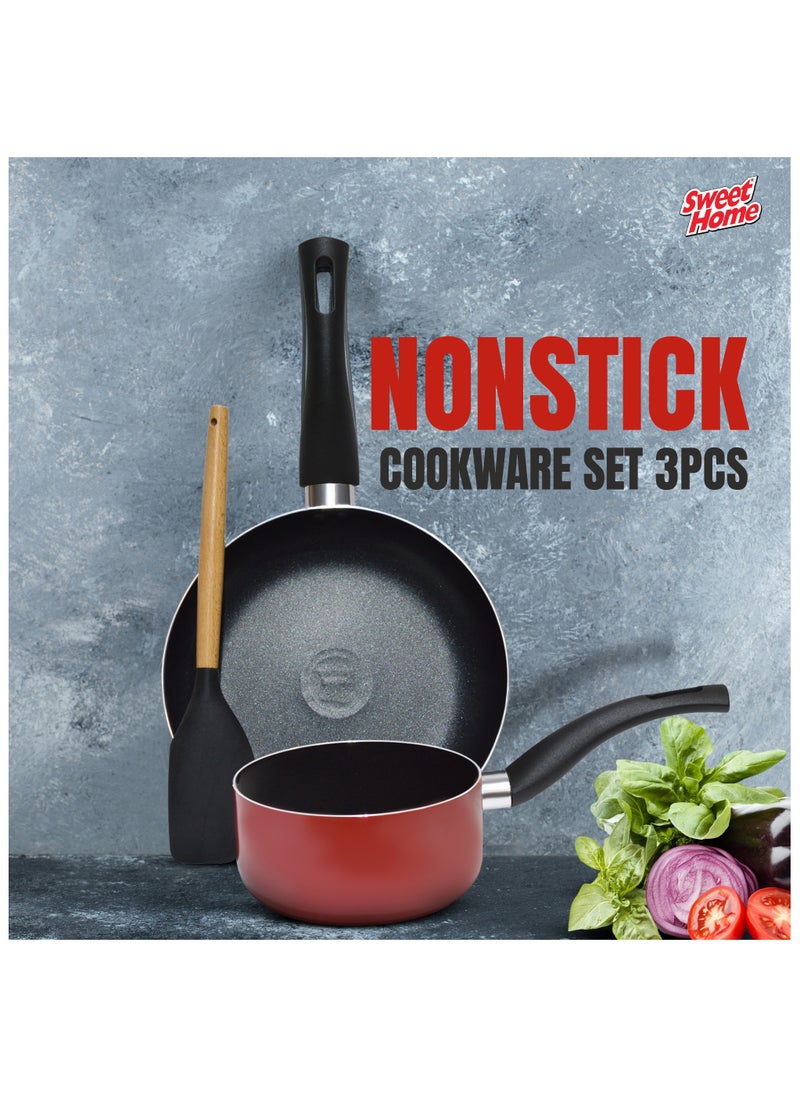 Sweet Home - Non-Stick Cookware 3 pcs Set with Frypan and Sauce Pan - Heat-Resistant Handle, Non-Stick Coating, Aluminium Material, and Laddle Included - Image 1