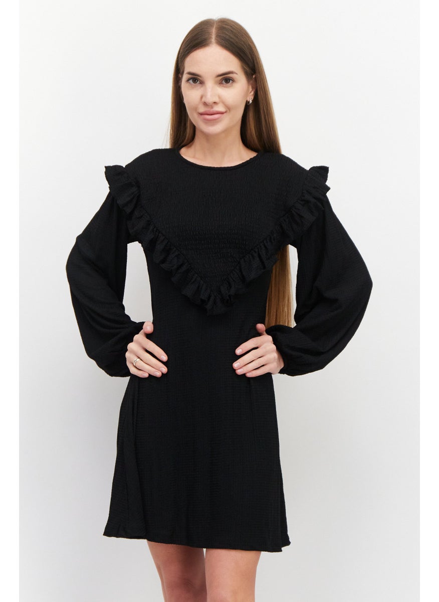 RIVER ISLAND Women Shirred Long Sleeve Mini Dress, Black  - Image 1