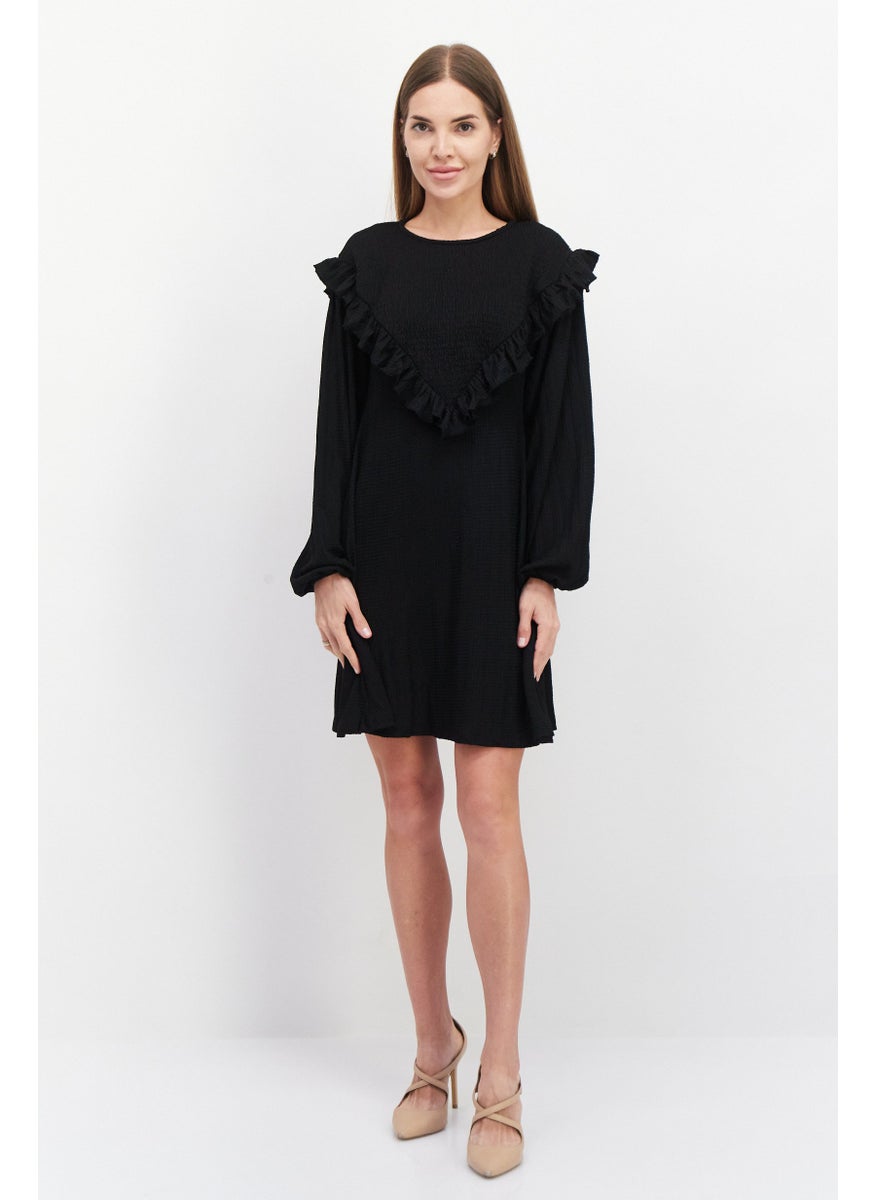 RIVER ISLAND Women Shirred Long Sleeve Mini Dress, Black  - Image 4