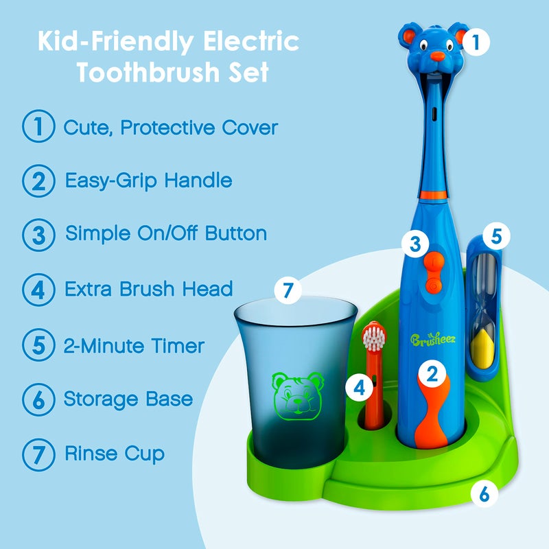 Brusheez Kidsâ€™ Electric Toothbrush Set - Safe & Effective for Ages 3+ - Parent Tested & Approved with Gentle Bristles, 2 Brush Heads, Rinse Cup, 2-Minute Timer, & Storage Base (Buddy The Bear) - Image 3