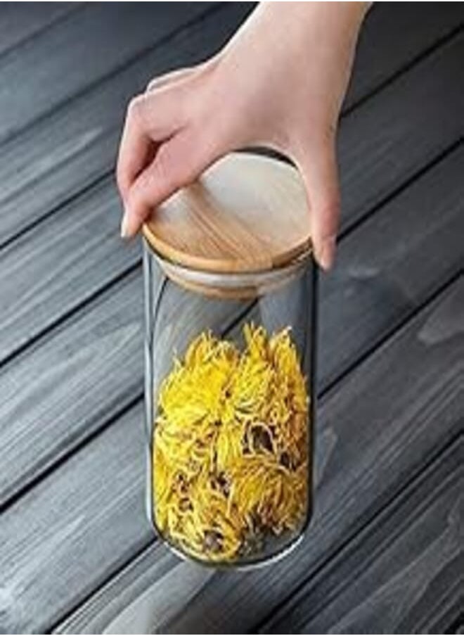 Mash Mash 1-Piece Kitchen Food Storage Round Glass Canister Jar With Airtight Bamboo Lid For Cereals, Pasta, Tea, Coffee, Snacks, And Spices - 500 ML Transparent 