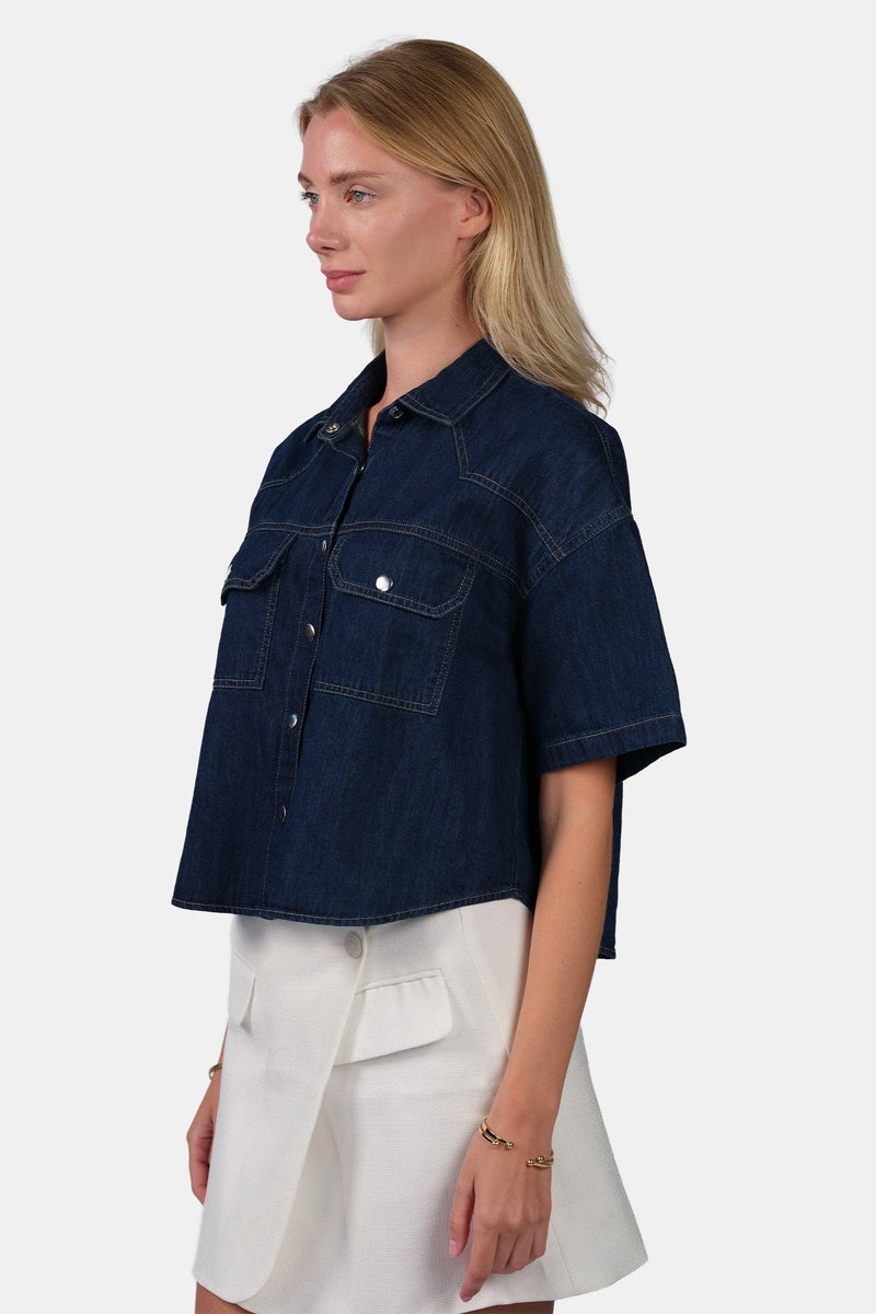 Virgio Solid Cotton Boxy Cropped Denim Shirt for Women - Image 3