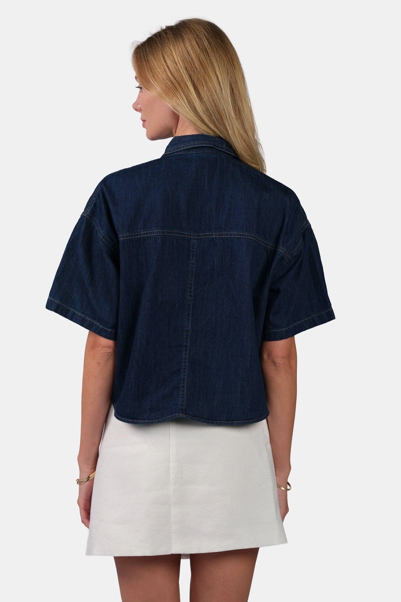 Virgio Solid Cotton Boxy Cropped Denim Shirt for Women - Image 4