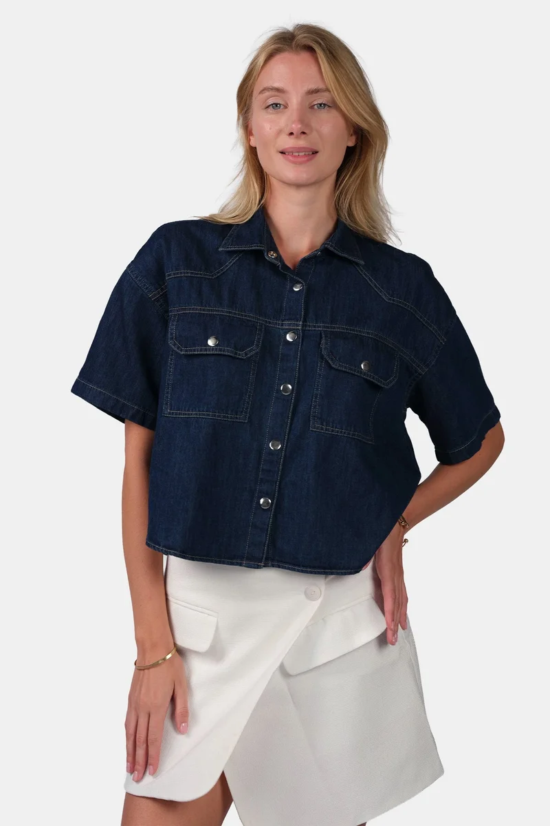 Virgio Solid Cotton Boxy Cropped Denim Shirt for Women