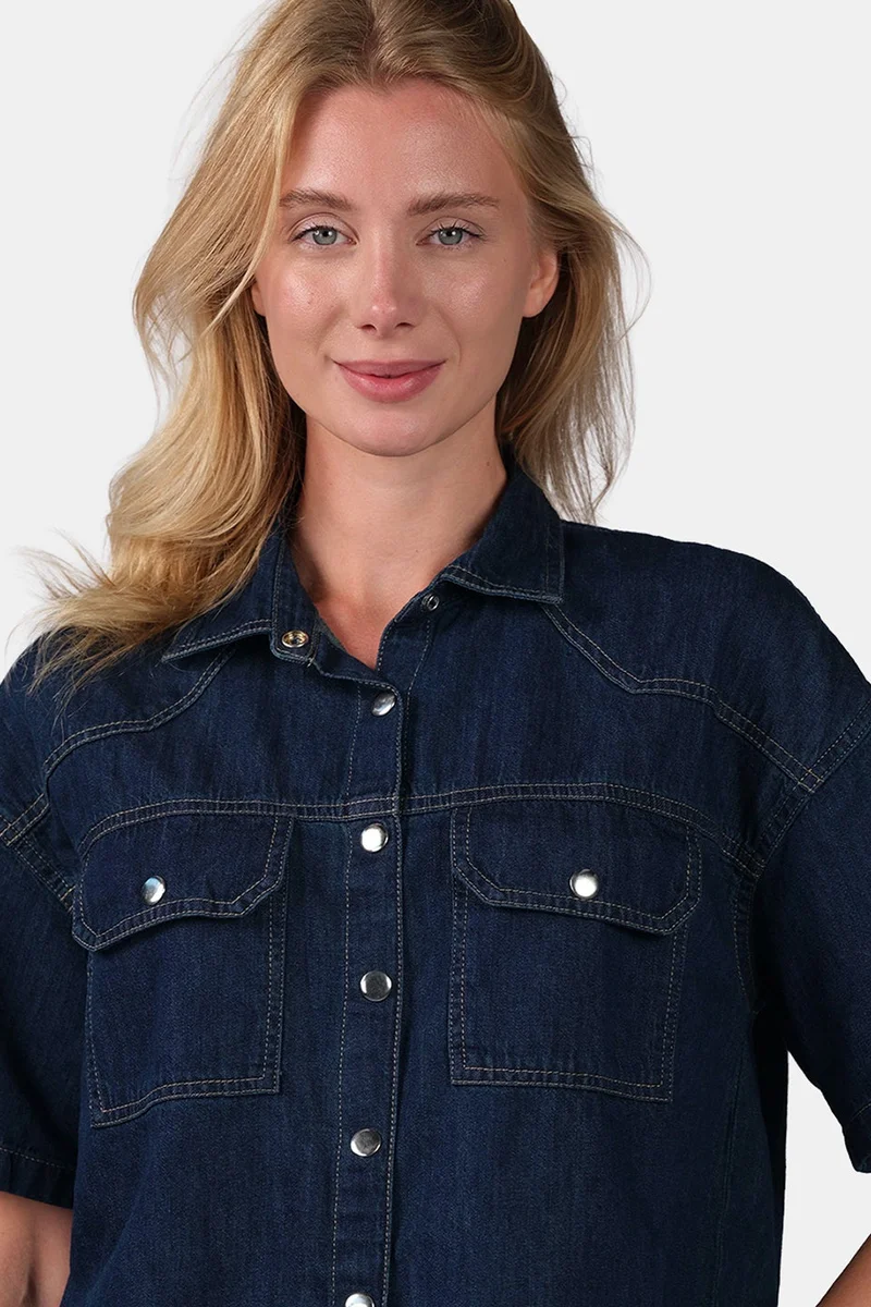 Solid Cotton Boxy Cropped Denim Shirt for Women