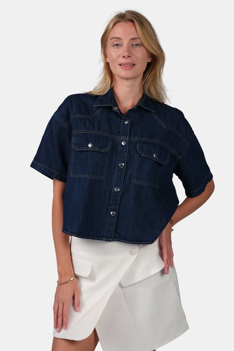 Virgio Solid Cotton Boxy Cropped Denim Shirt for Women - Image 5